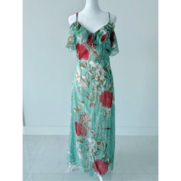 Ruffle Cold Shoulder Tie Back Floral Maxi Dress - Picture 2 of 5